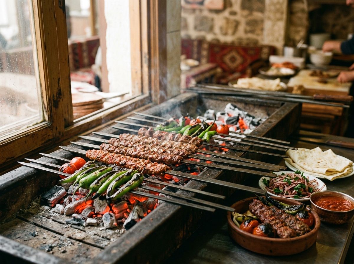 Traditional Turkish kebab setup with glowing charcoal and metal skewers