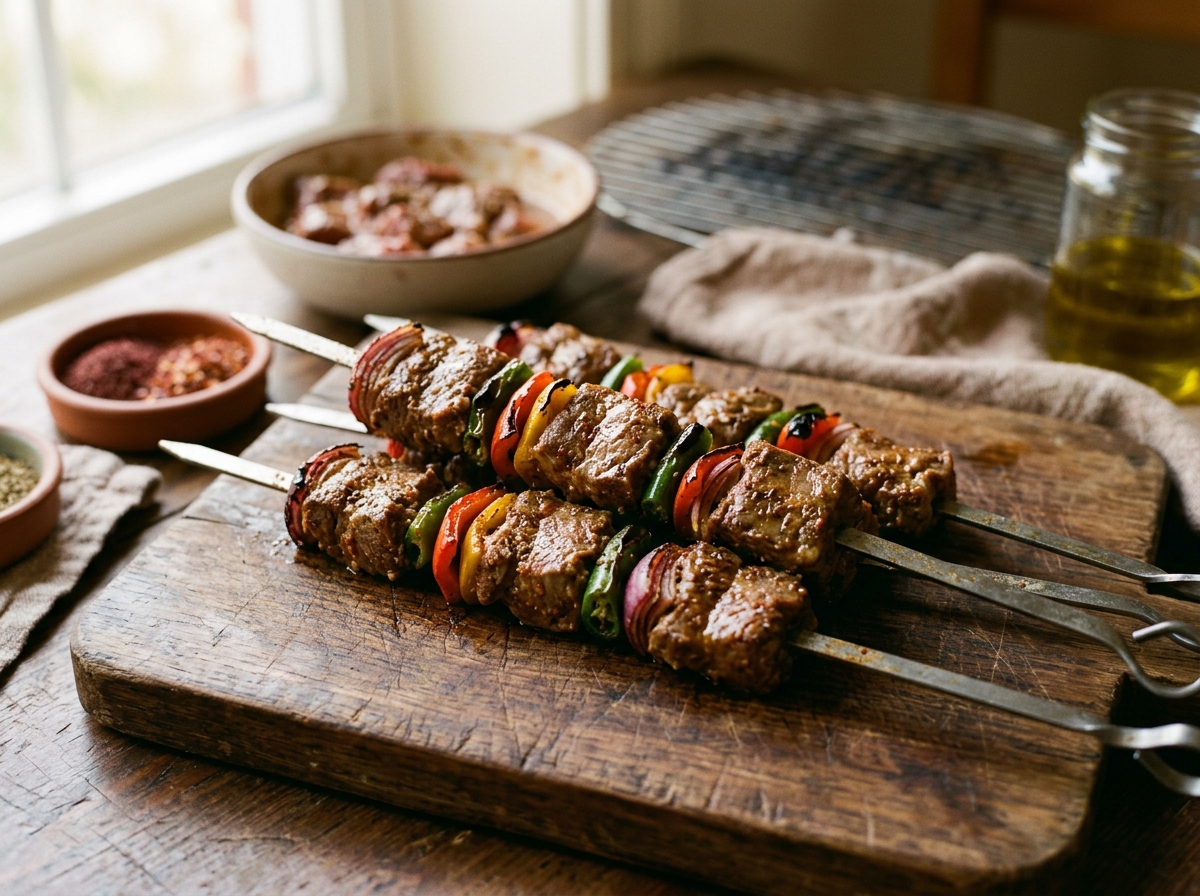 Close-up of marinated meat cubes on metal skewers showing proper spacing