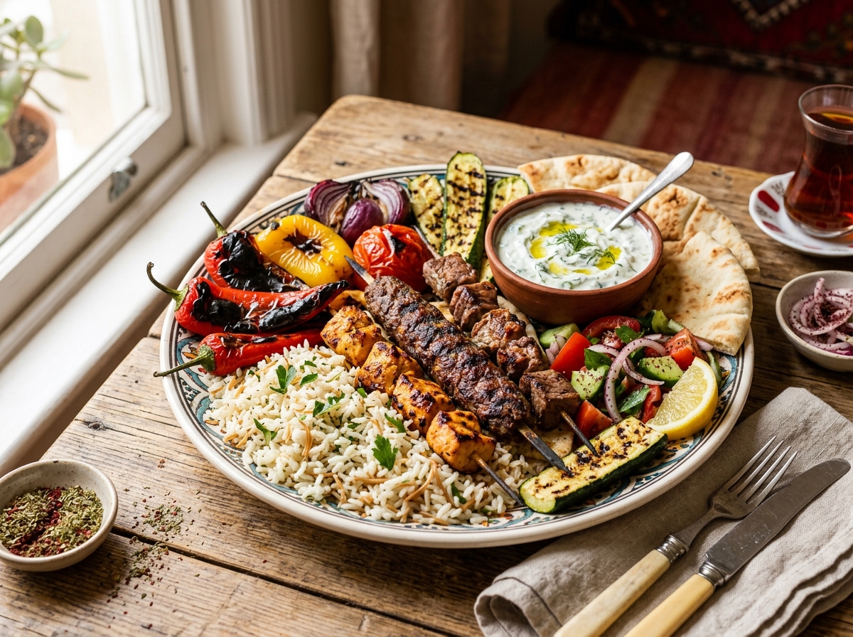Complete Turkish kebab platter with rice, grilled vegetables, and yogurt sauce
