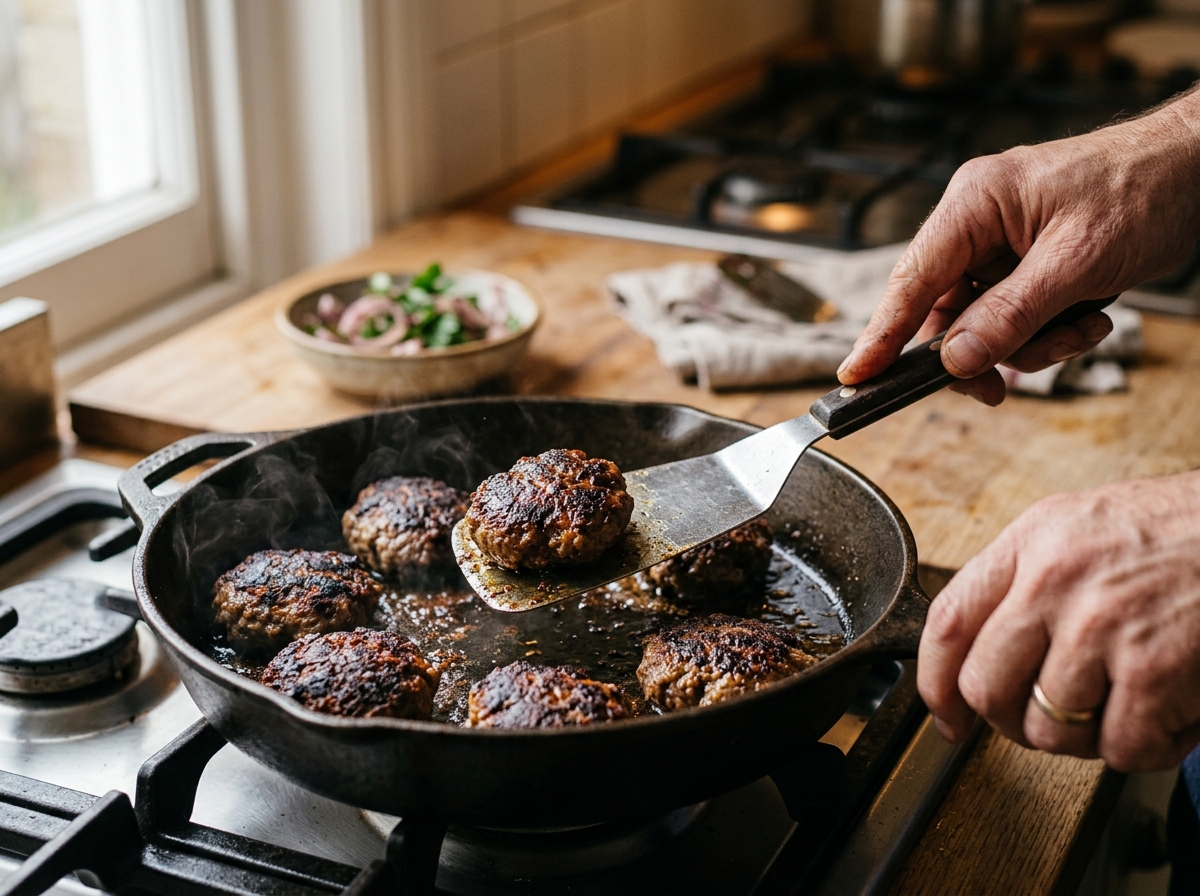 Köfte cooking on a traditional cast iron griddle