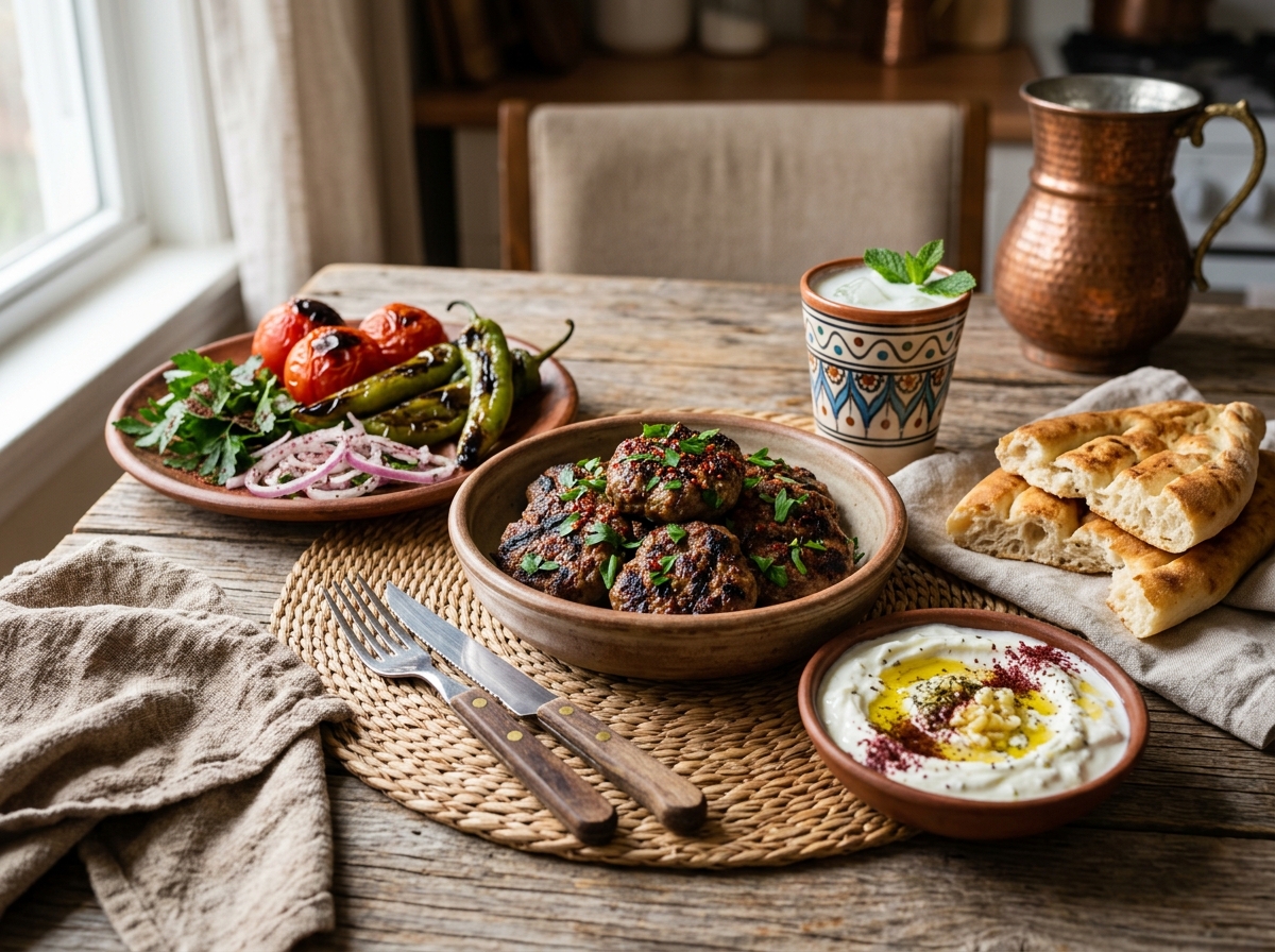 Turkish köfte served with rice pilaf and grilled vegetables