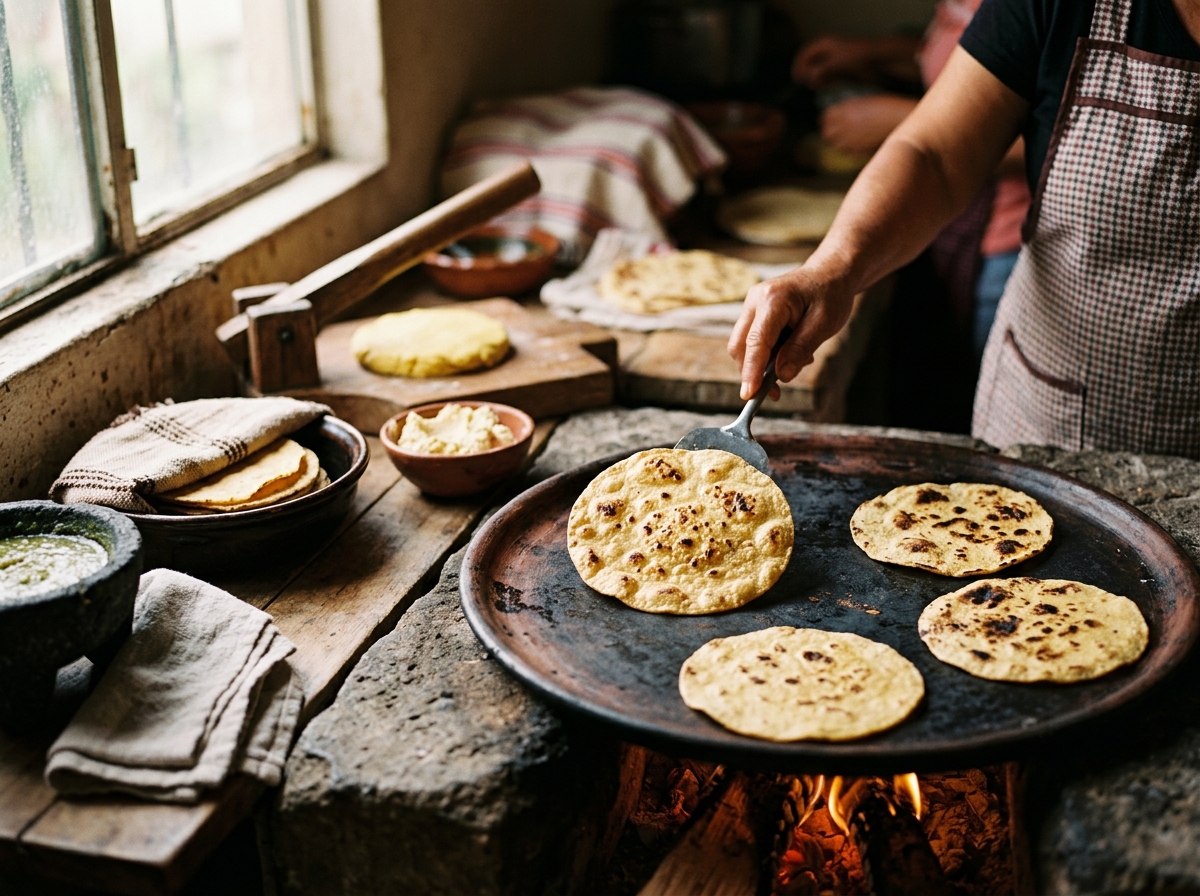Fresh corn tortillas cooking on a traditional comal