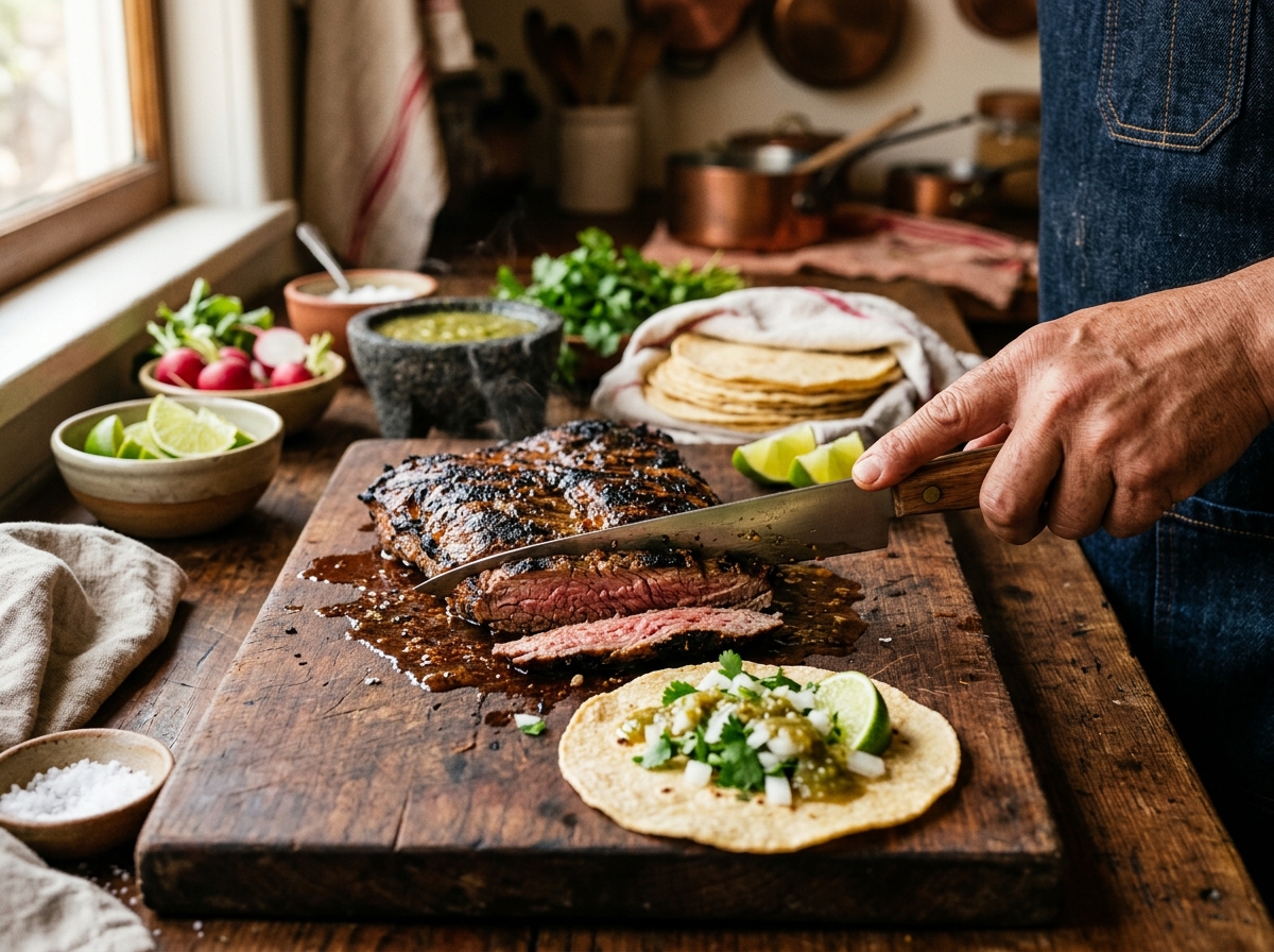 Sizzling carne asada being sliced against the grain