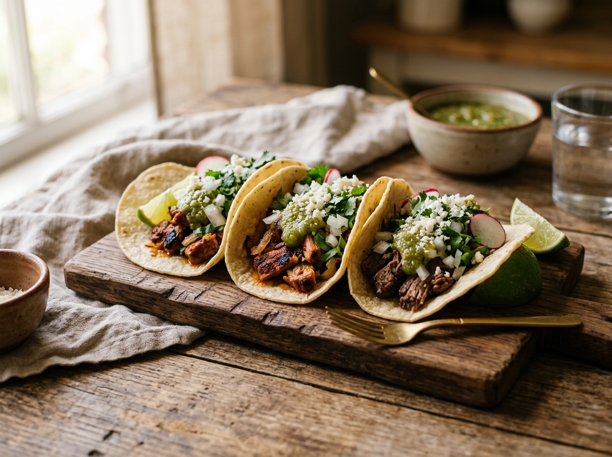 Perfectly assembled tacos with balanced toppings ready to serve