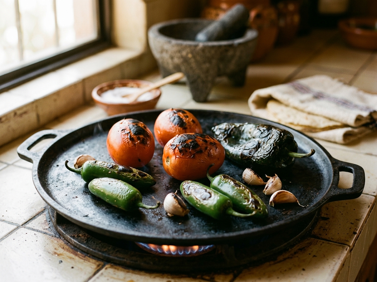 Charred peppers and tomatoes on a hot comal