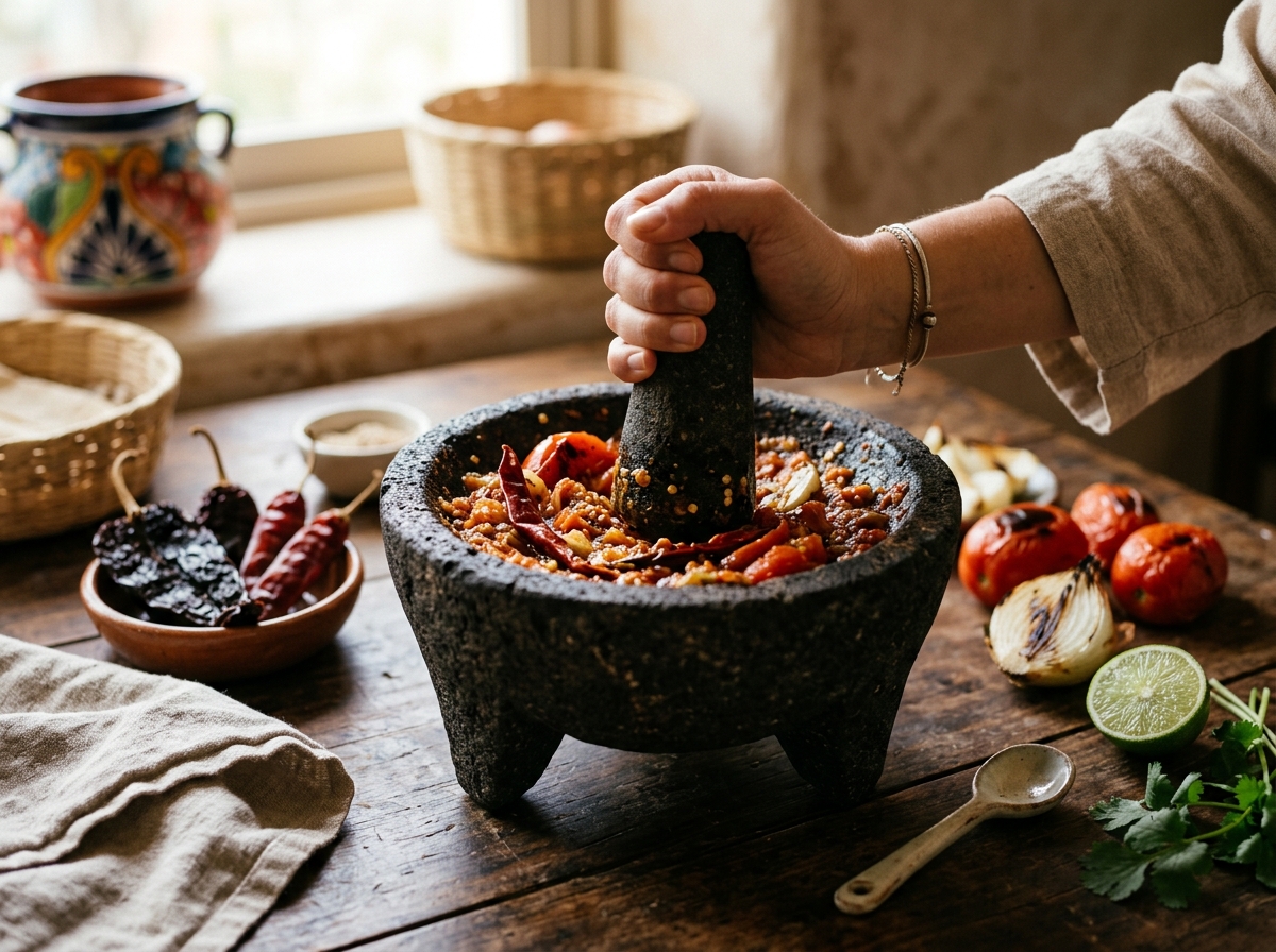 Molcajete grinding red chiles and charred tomatoes