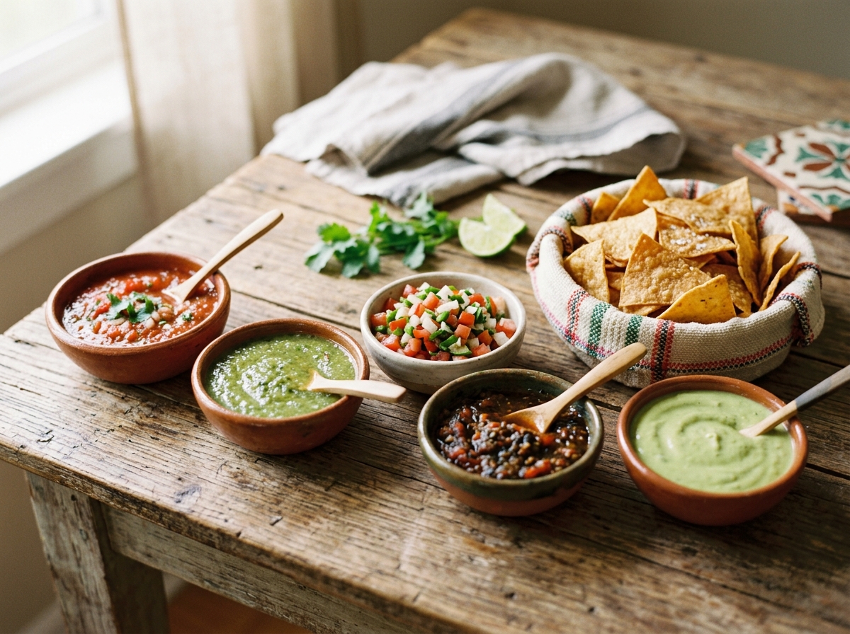 Five traditional Mexican salsas arranged with fresh tortilla chips