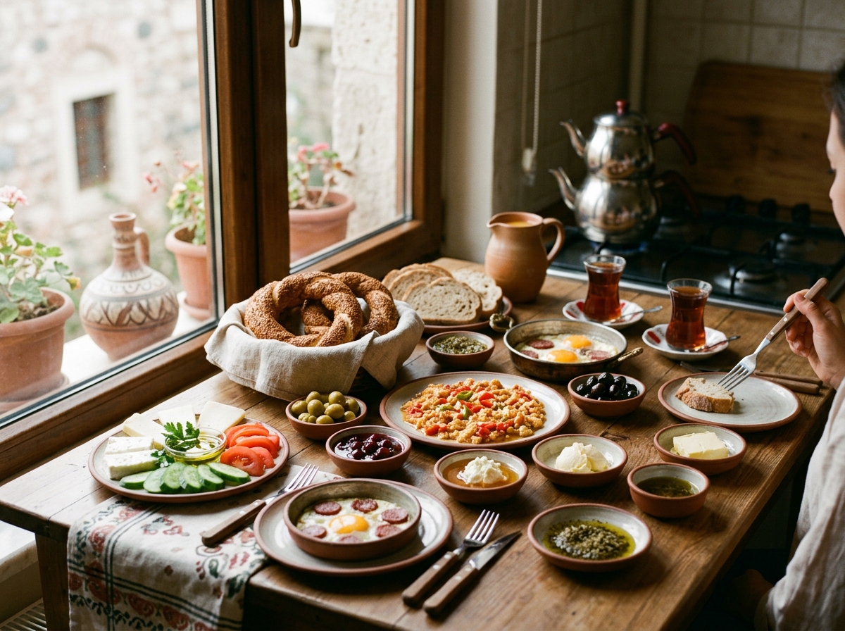 Traditional Turkish breakfast table with multiple small dishes and fresh bread