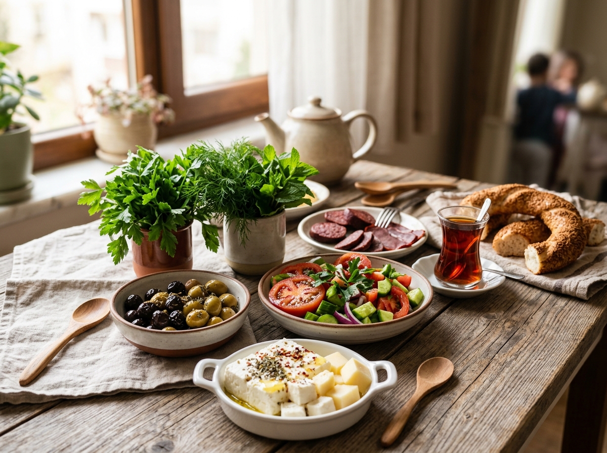 Fresh ingredients for Turkish breakfast including cheese, olives, tomatoes, and herbs