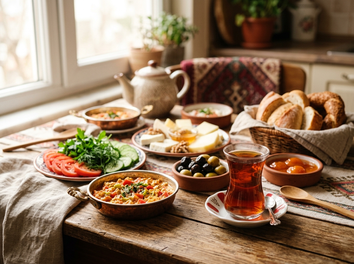 Glass of Turkish tea in traditional tulip glass alongside breakfast spread