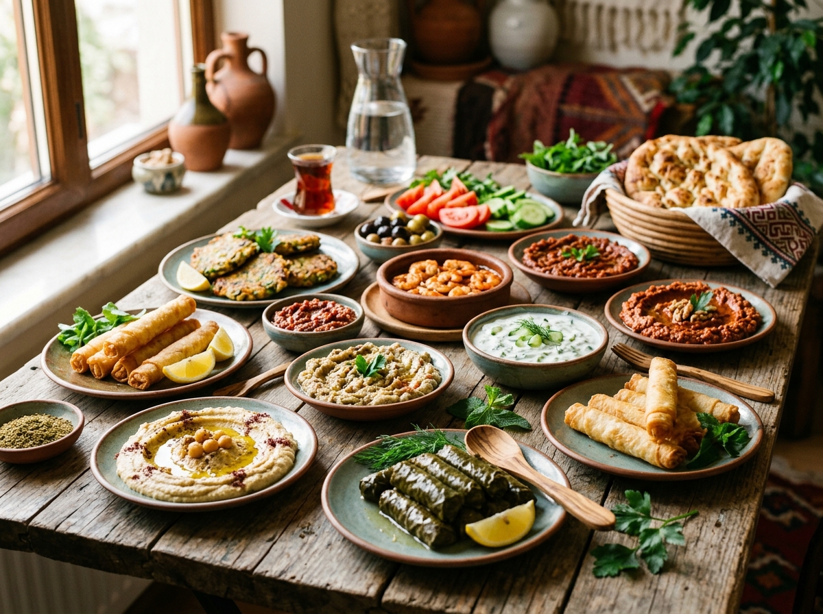 Traditional Turkish meze spread with cold and warm appetizers