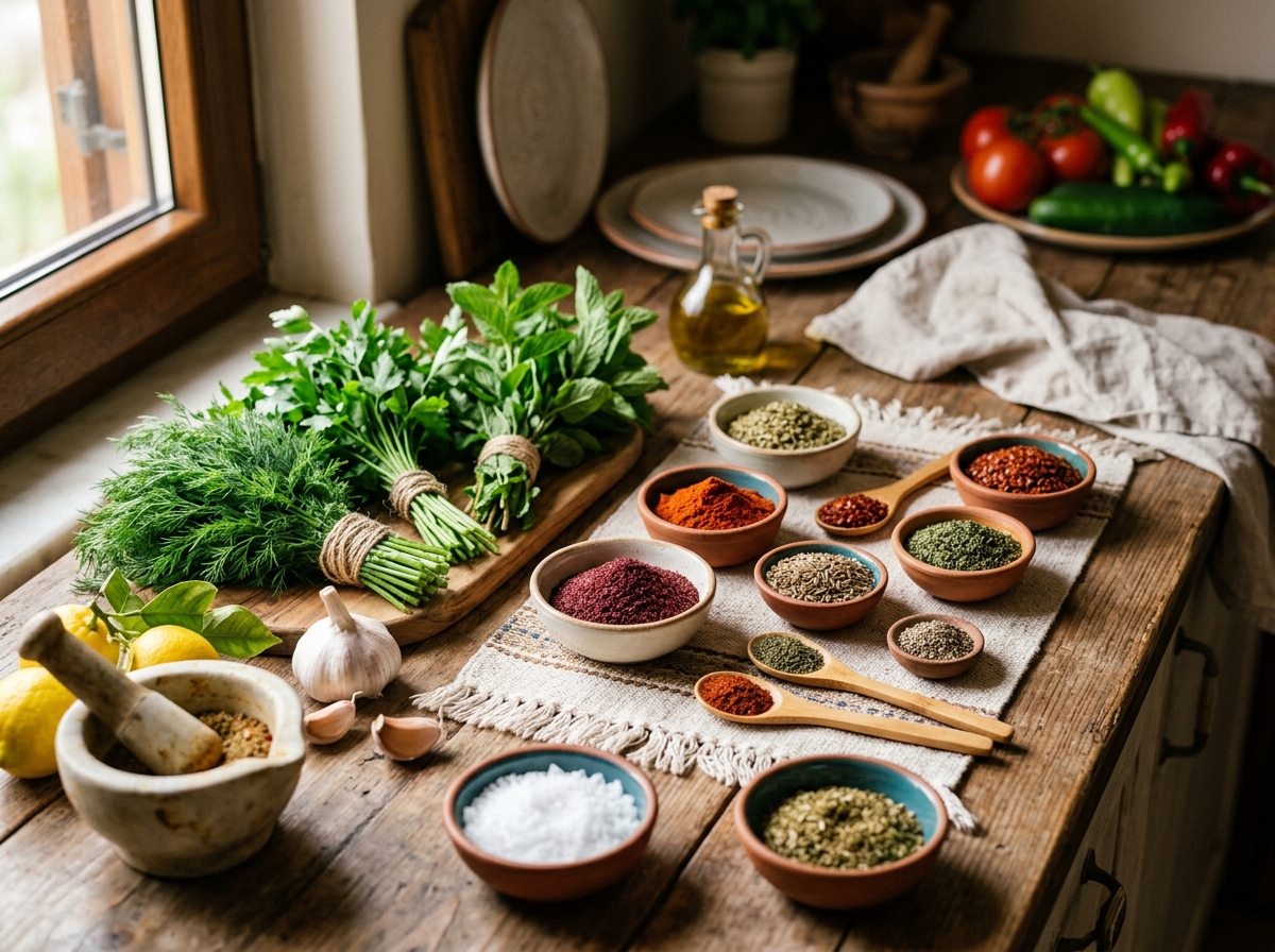 Fresh herbs and spices essential for Turkish meze preparation