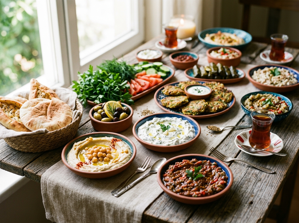 Beautifully arranged Turkish meze table with traditional accompaniments