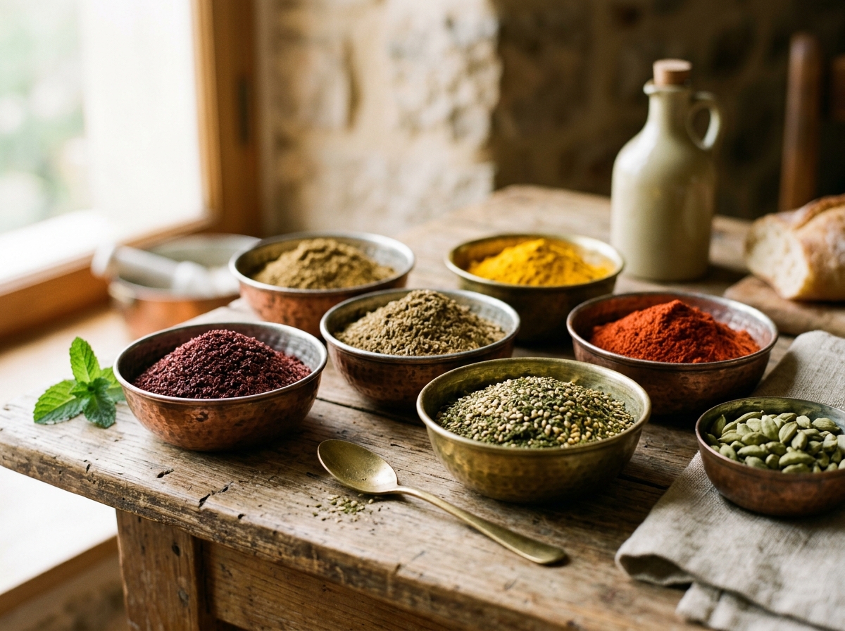 Middle Eastern spices arranged in traditional metal bowls