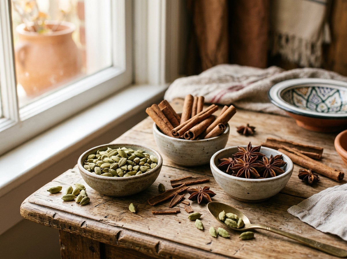 Whole spices including cardamom pods, cinnamon sticks, and star anise