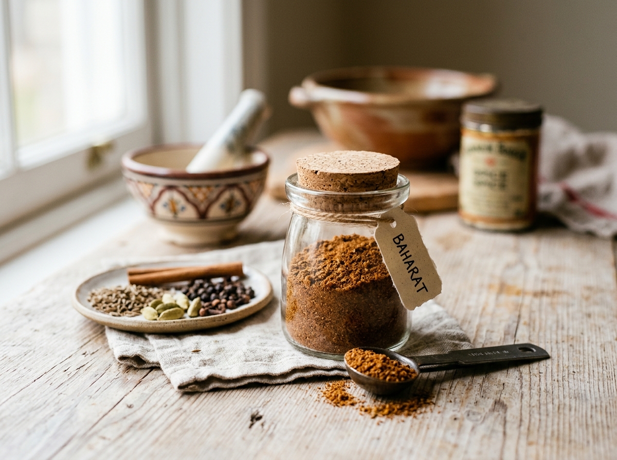 Homemade baharat spice blend in a glass jar with measuring spoon