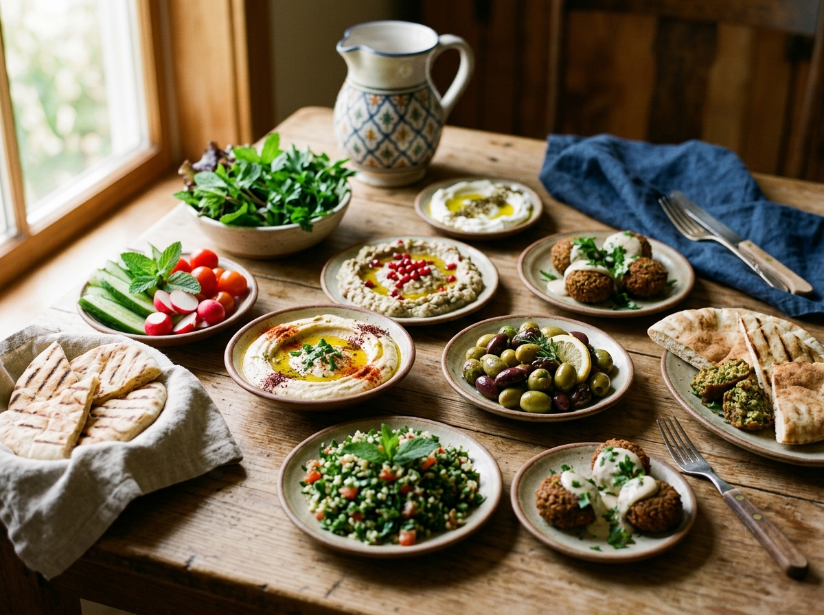Traditional mezze spread with multiple small plates and fresh herbs
