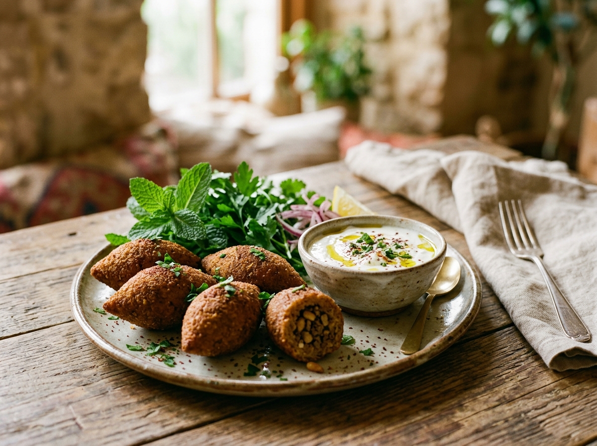 Golden kibbeh served alongside fresh herbs and yogurt sauce