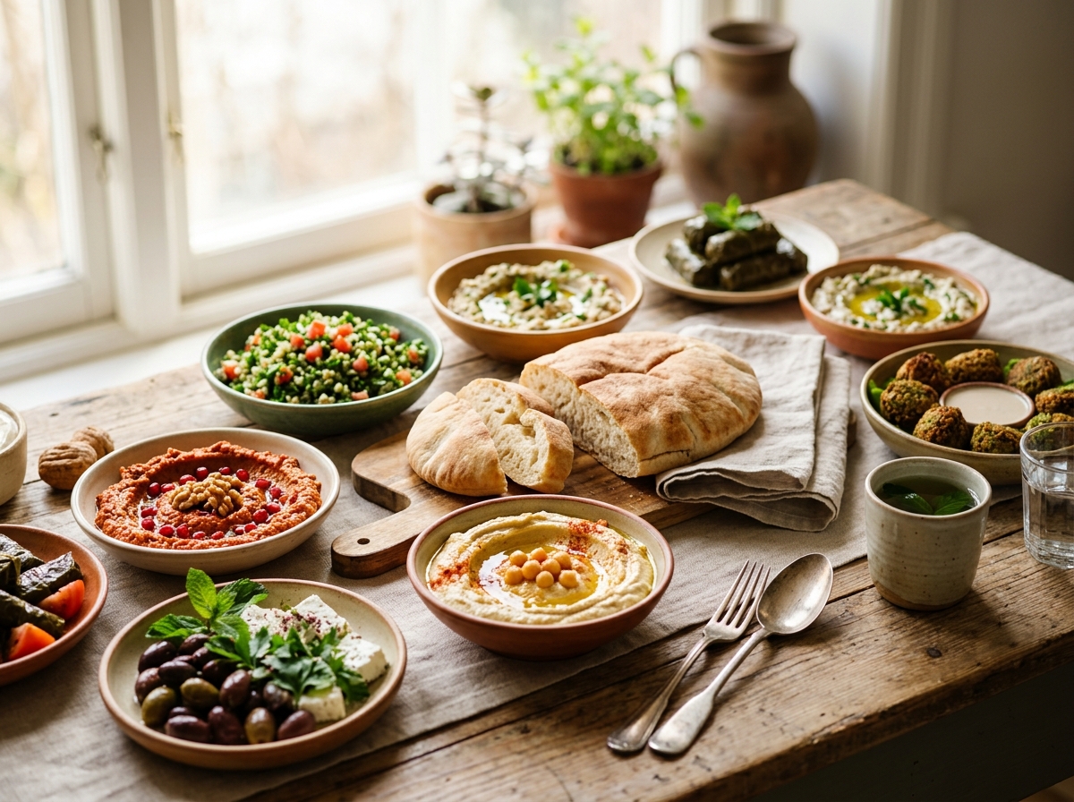 Elegant mezze table setting with fresh bread and colorful appetizers