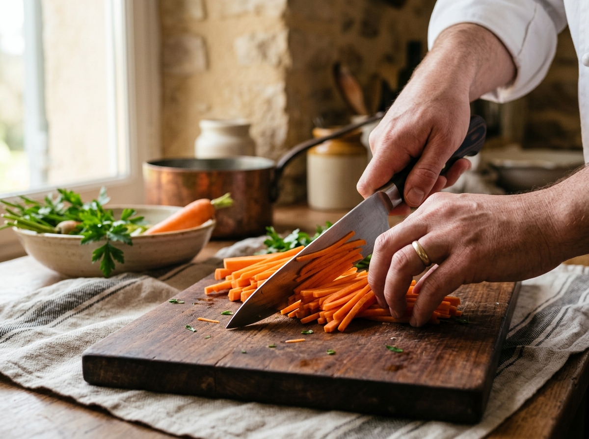 Proper knife grip and julienne technique demonstration