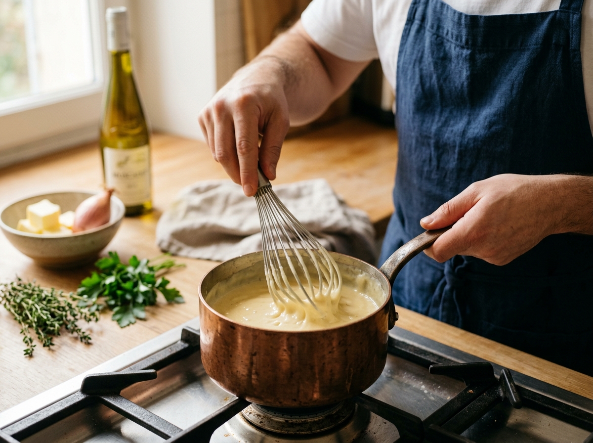 Whisking beurre blanc showing proper emulsion texture