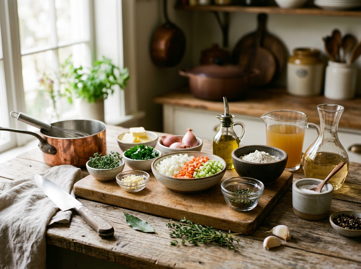 Organized mise en place setup with ingredients prepped for French cooking
