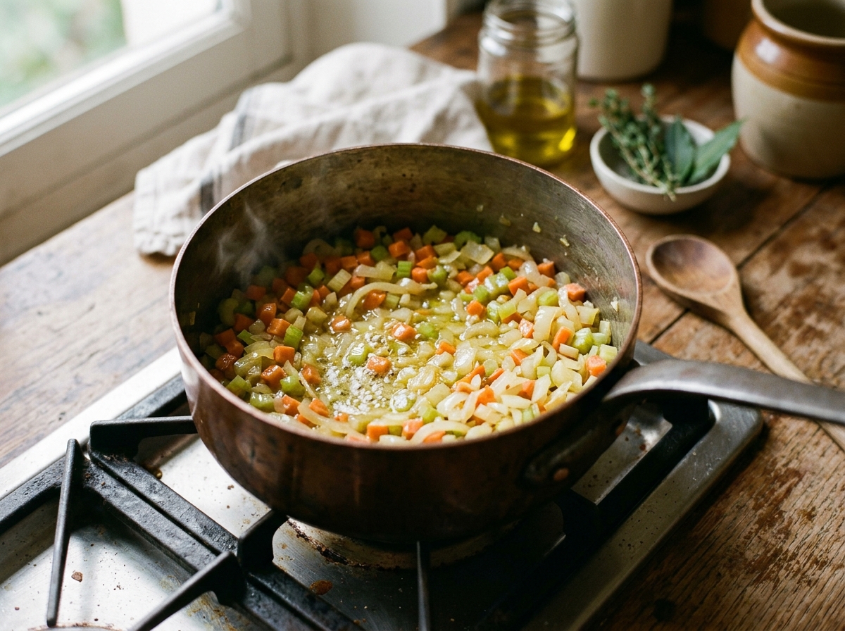 Mirepoix vegetables sweating in butter until translucent