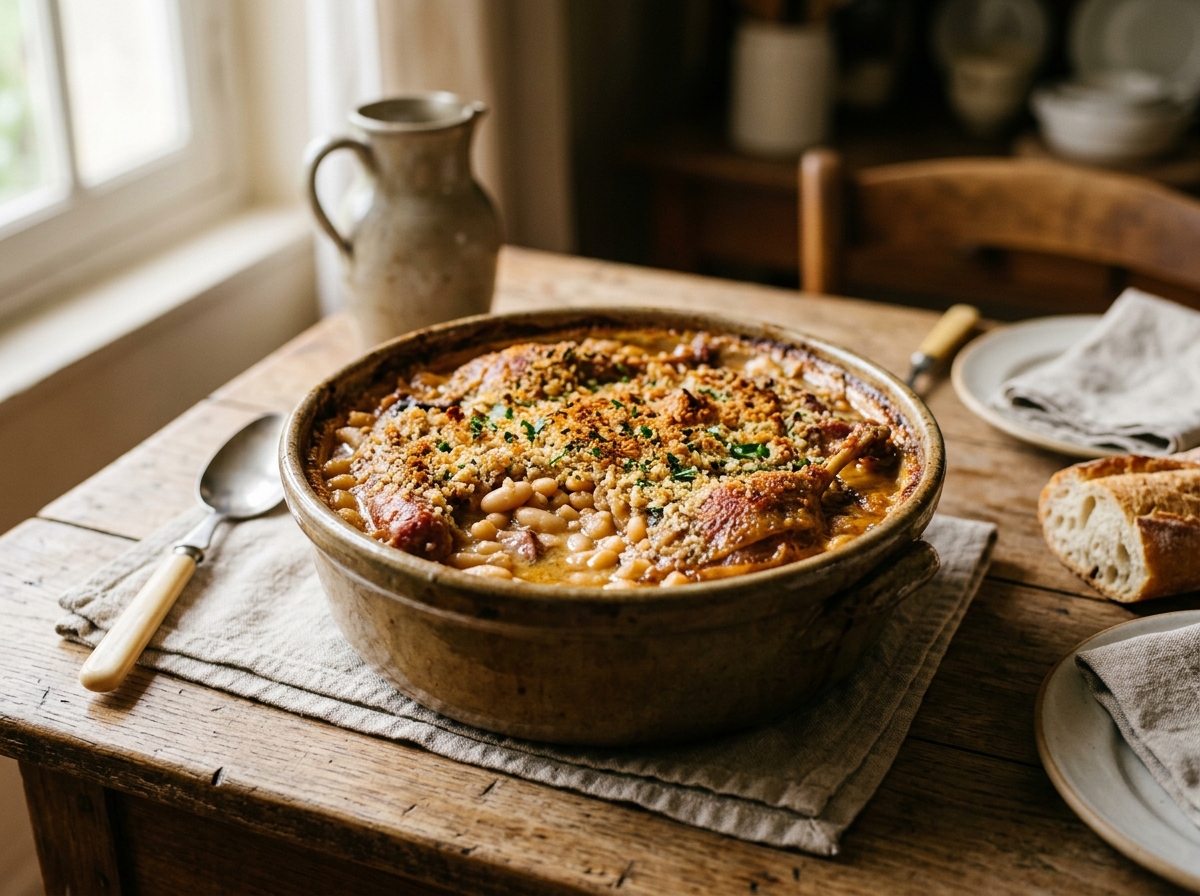 Cassoulet bubbling with golden crust and white beans