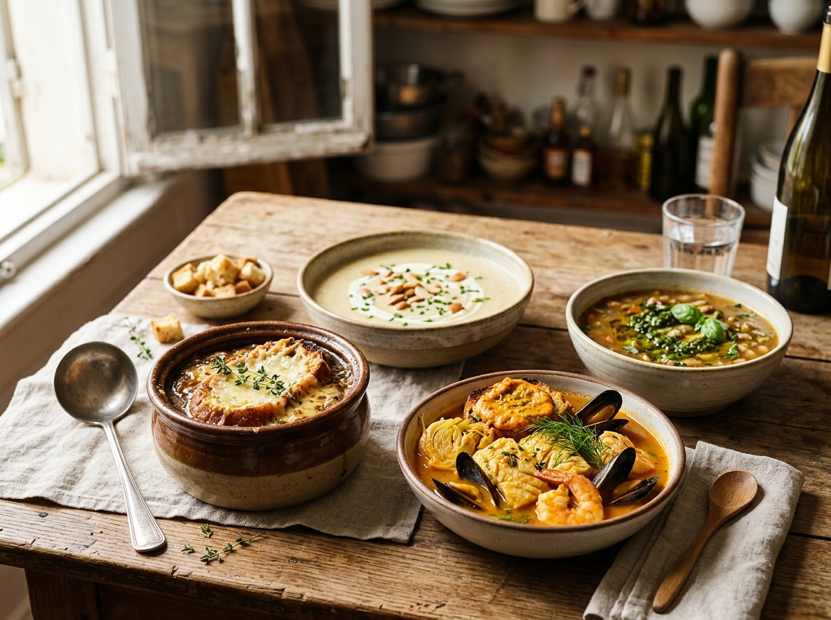 Various French soups garnished and ready to serve