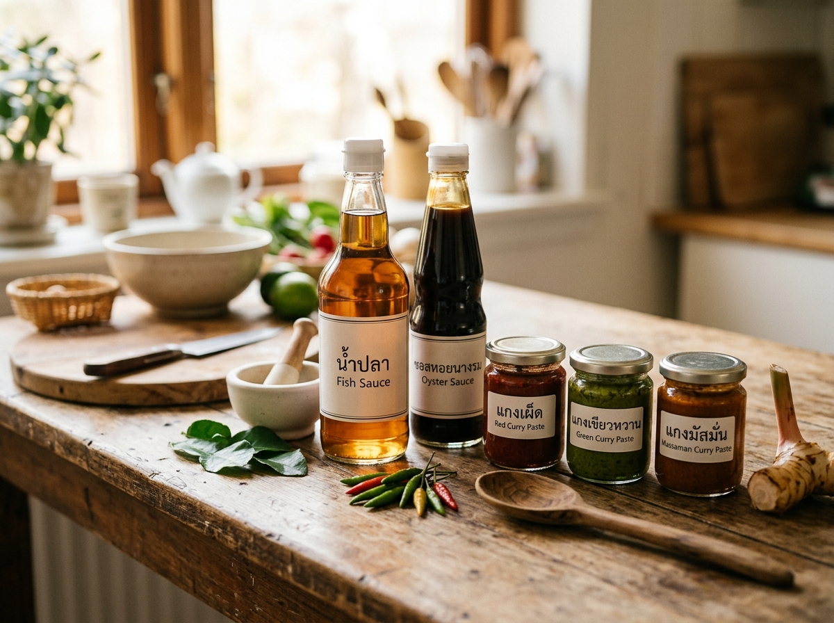 Bottles of fish sauce, oyster sauce and curry pastes on counter