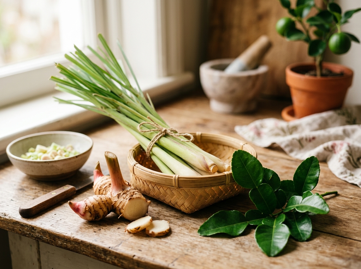 Fresh lemongrass stalks, galangal root and makrut lime leaves
