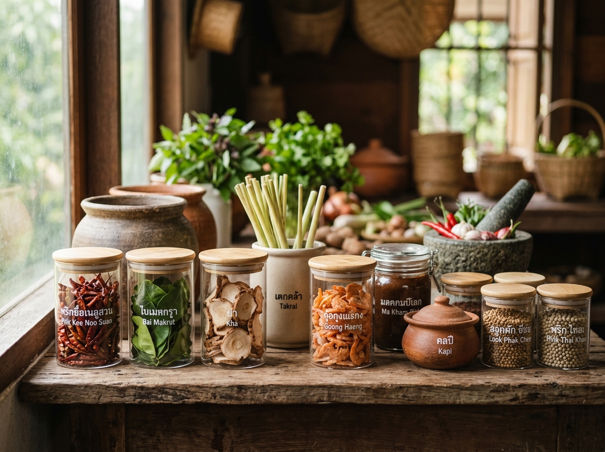 Properly organized Thai ingredient storage containers and jars