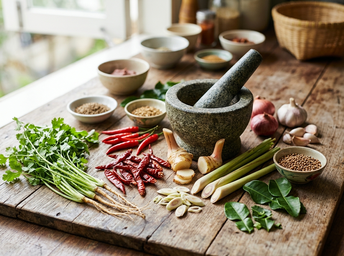 Fresh curry paste ingredients laid out before grinding