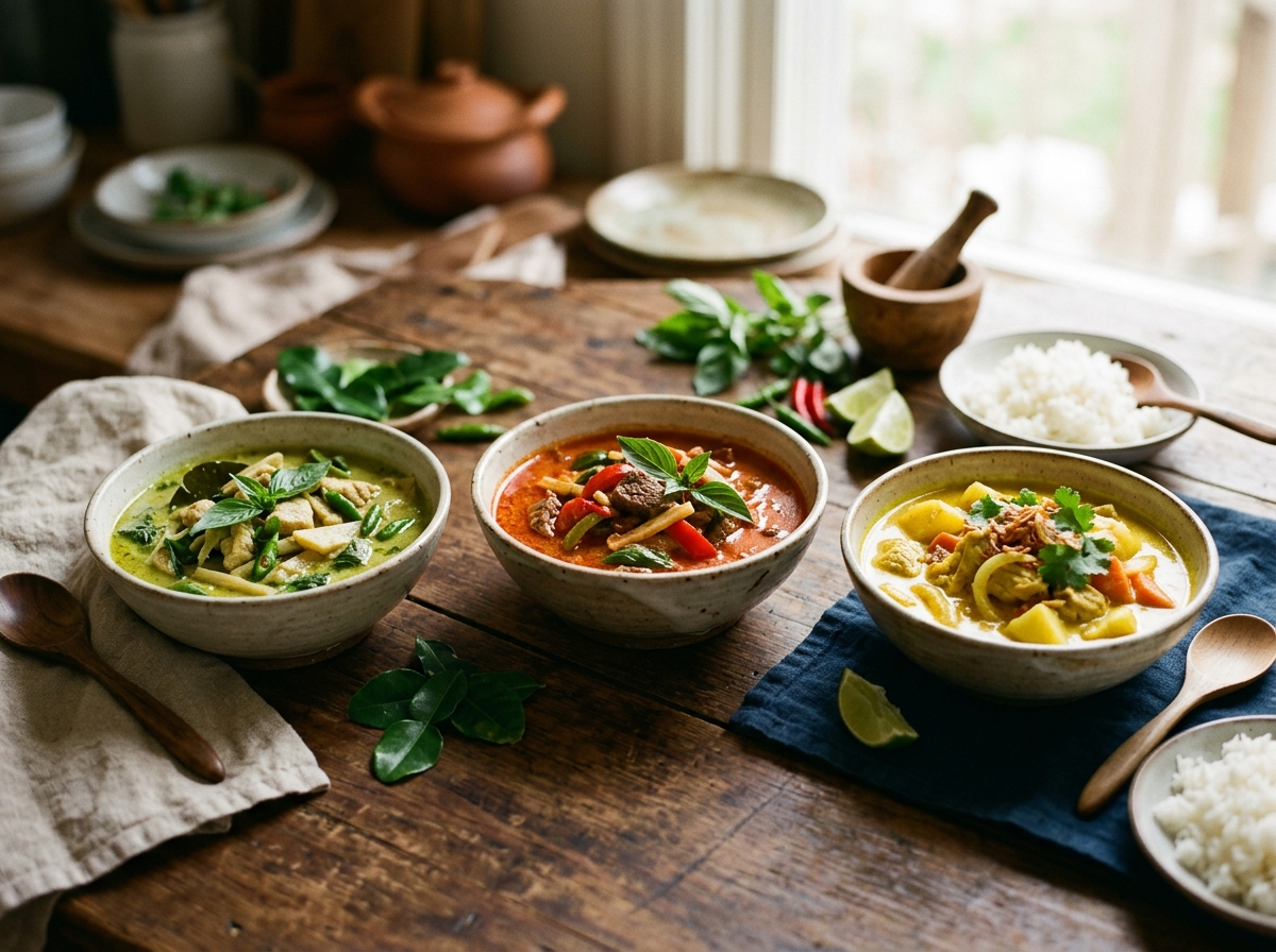 Three bowls of finished curry showing color variations