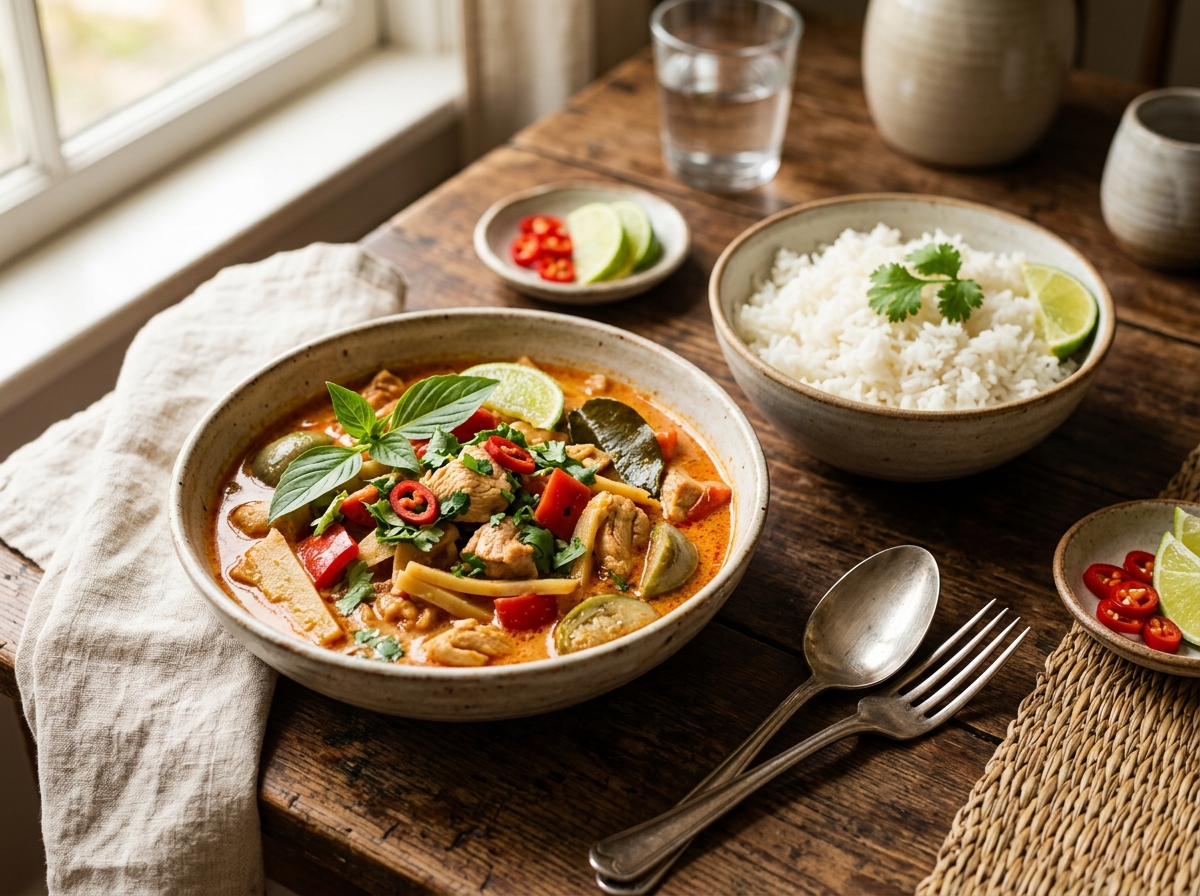 Finished curry being served with jasmine rice and garnishes
