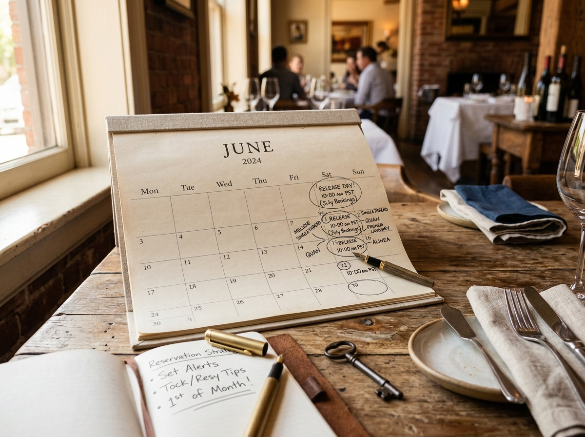 Calendar showing restaurant reservation release schedule and timing