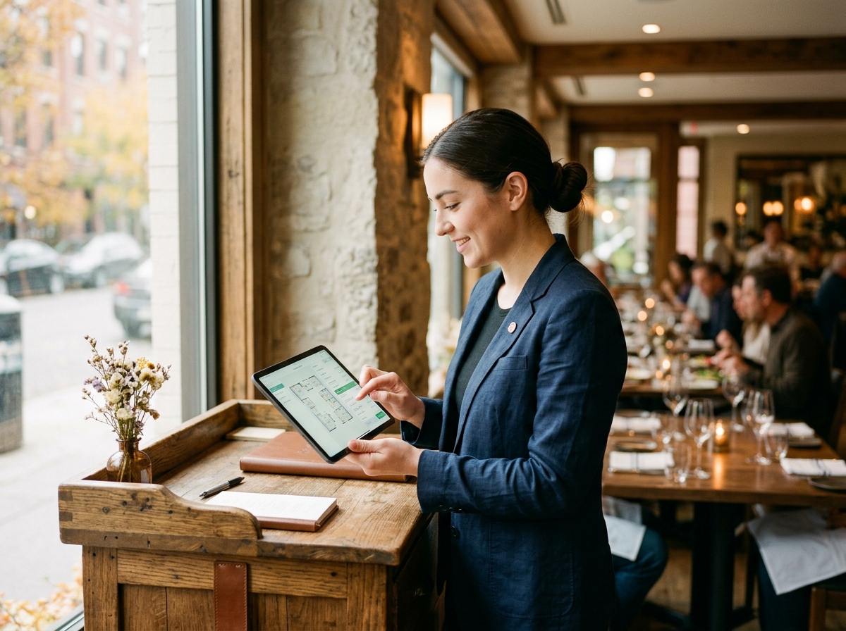Restaurant host checking reservation system on tablet