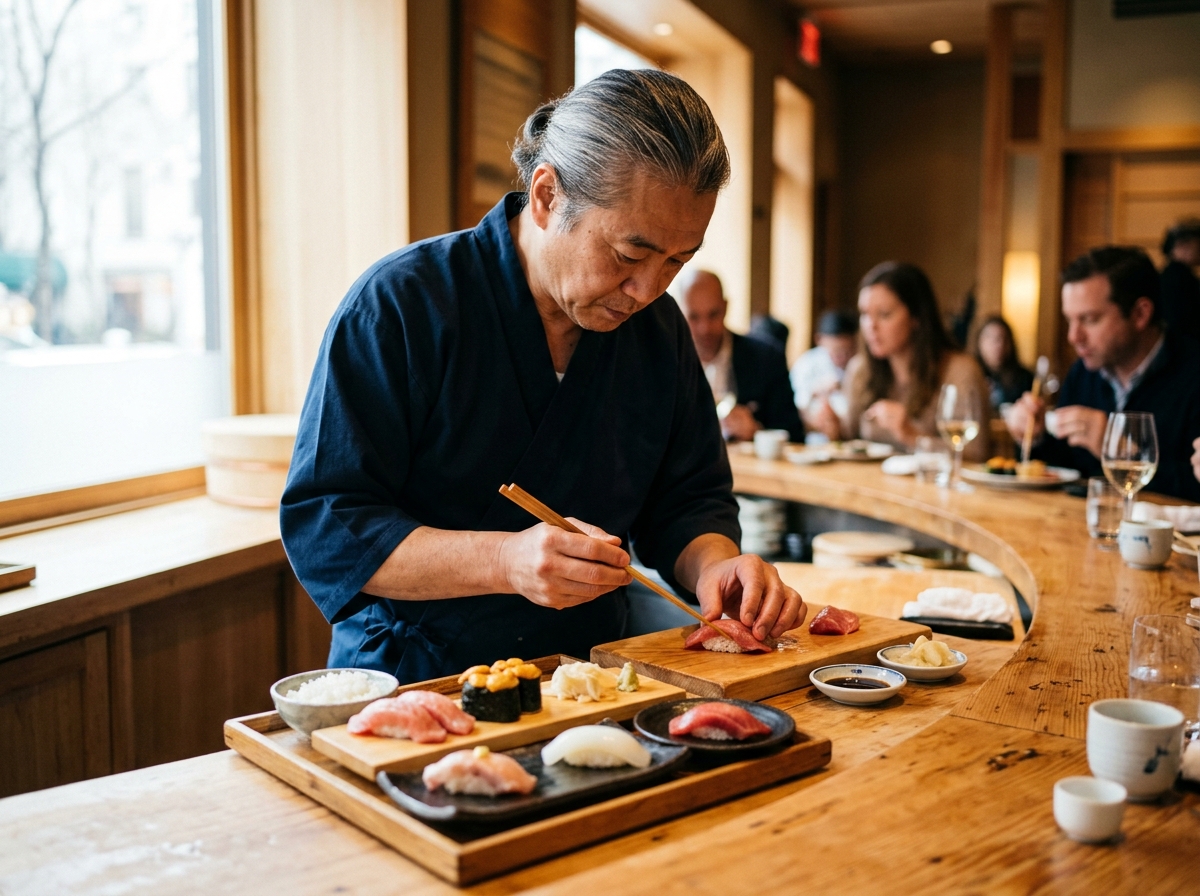Chef preparing sushi at Masa's iconic counter