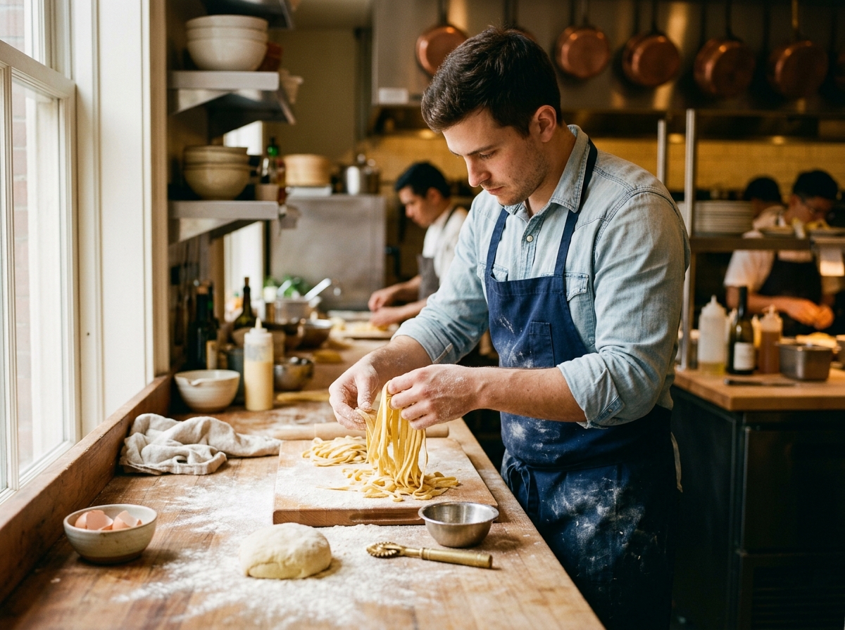 Handmade pasta being prepared at a Michelin-starred Italian restaurant