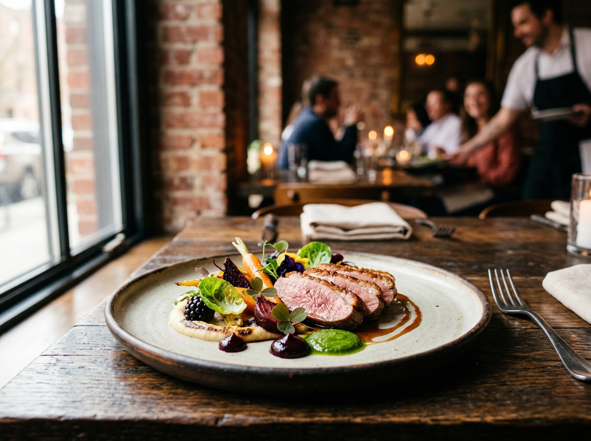 Modern plating technique at a Brooklyn Michelin-starred restaurant