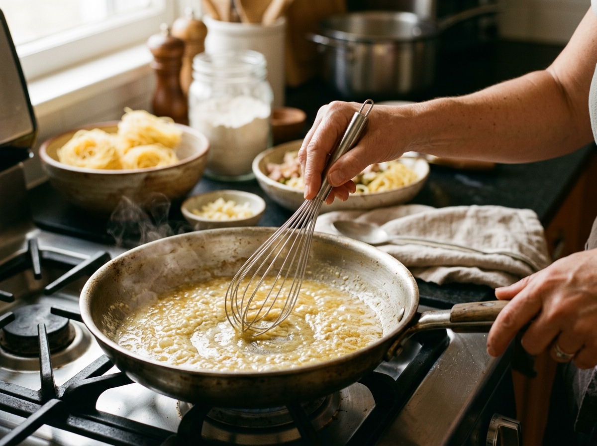 Creamy Parmesan sauce coating angel hair pasta perfectly