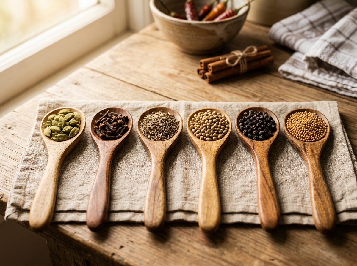 Essential whole Indian spices arranged in wooden spoons