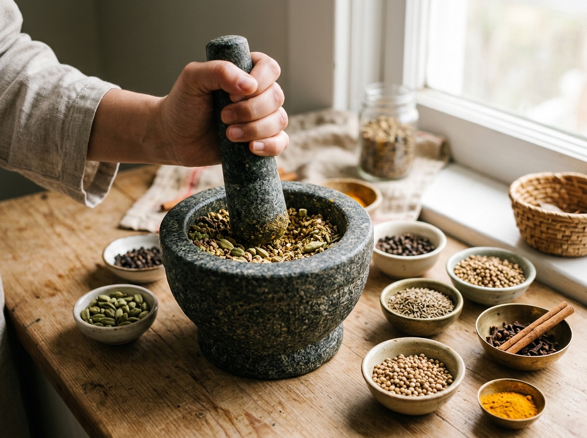 Mortar and pestle grinding fresh cardamom and other whole spices