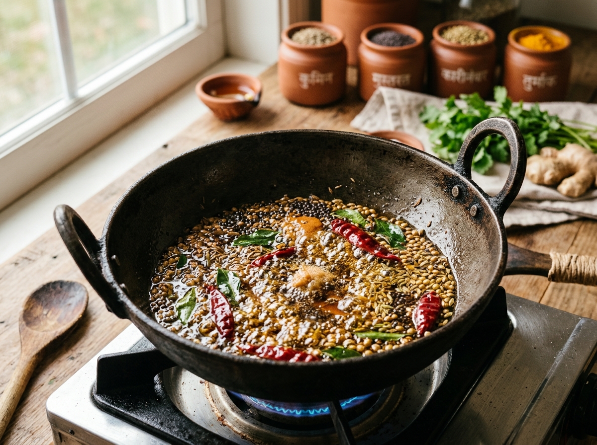 Spices sizzling in hot oil during tempering process