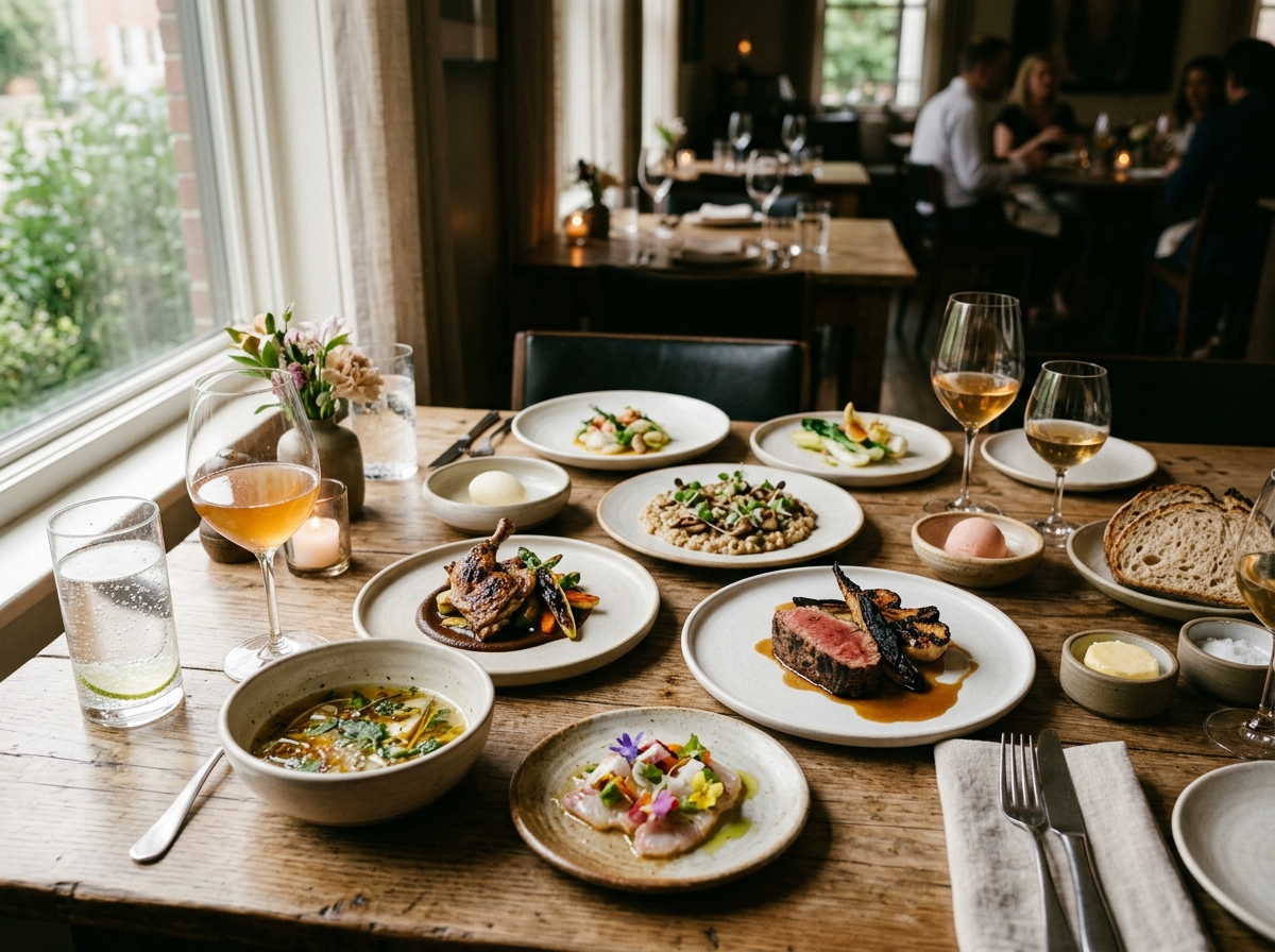 Multi-course tasting menu spread at two-star restaurant