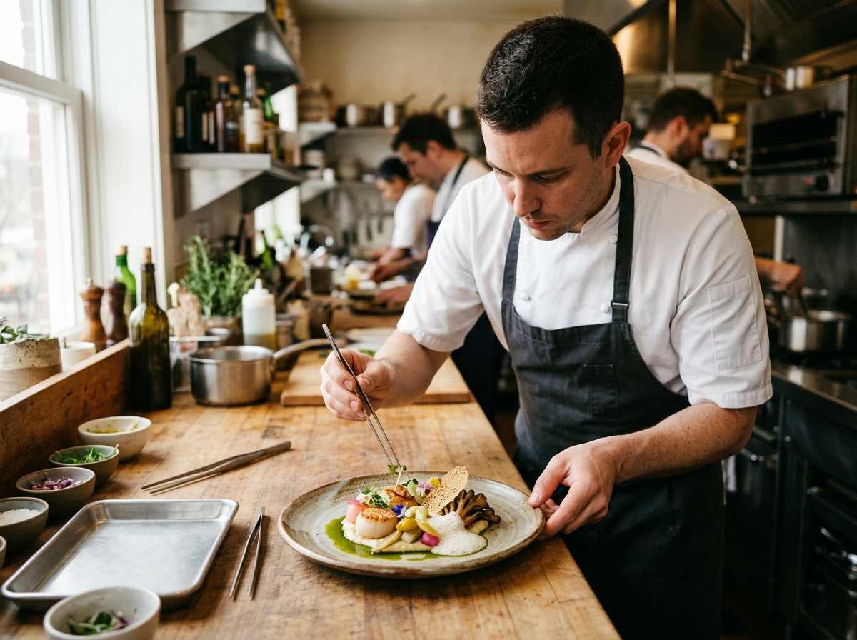 Chef plating intricate lunch course in Michelin kitchen