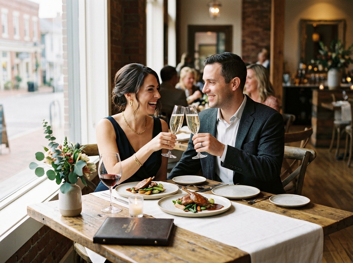 Couple celebrating special occasion at elegant Michelin restaurant table