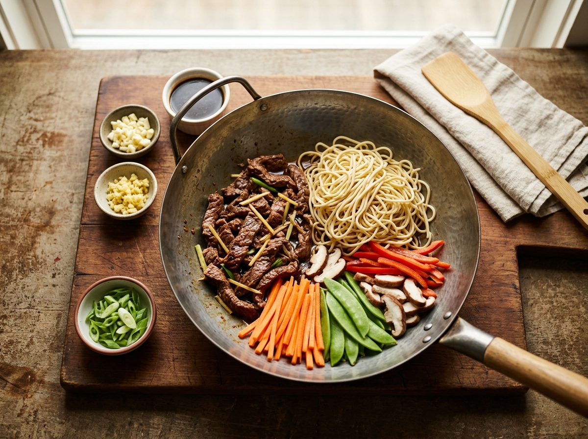 Fresh lo mein noodles and colorful vegetables ready for stir-frying
