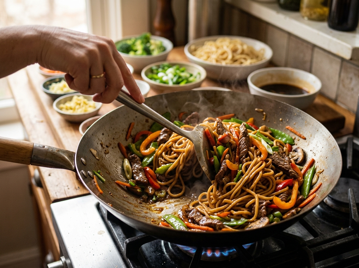 Beef being seared in a hot wok until perfectly caramelized