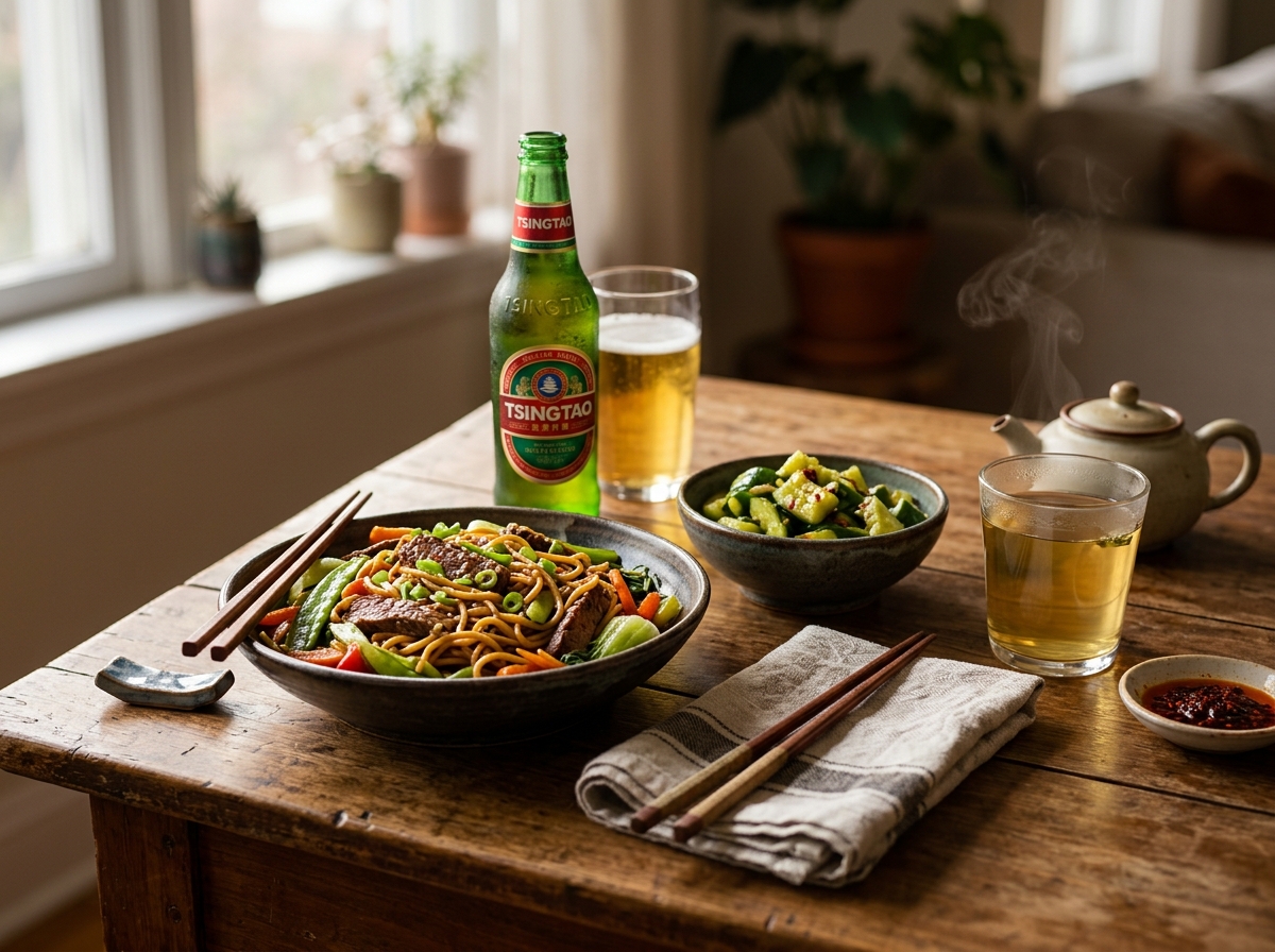 Perfectly plated beef lo mein garnished with fresh scallions